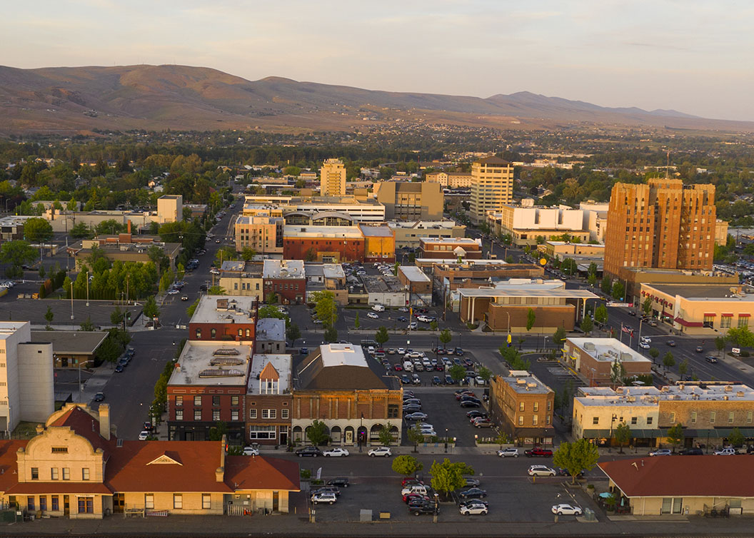 Beautiful light illuminated the downtown urban core city center of Yakima, WA