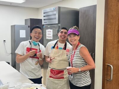 Dr. David Kang, Roberto Rubio Velazquez, and Christy Trotter in the Teaching Kitchen at Toppenish Medical-Dental Clinic.